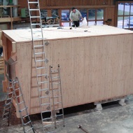 Four-sided timber silo lying on its side in the silo construction workshop at Erlenhof