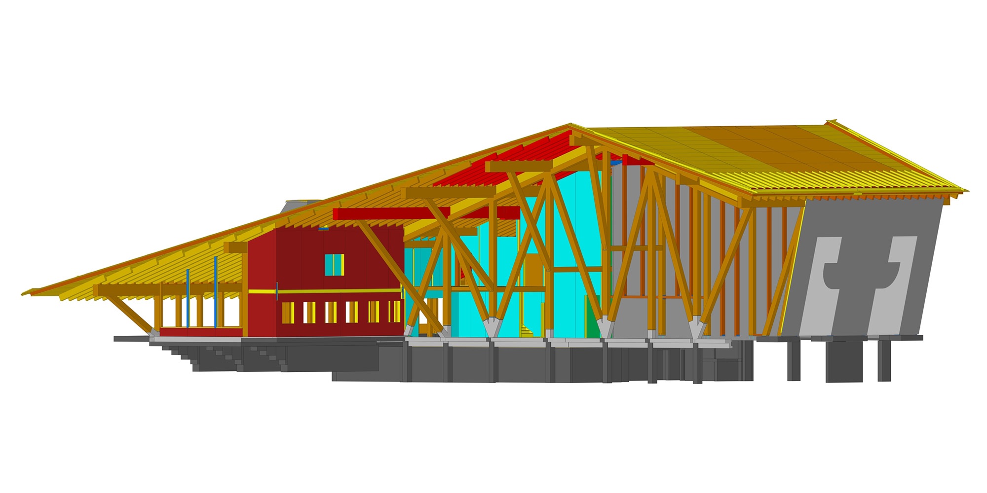 Modèle 3D de la construction en bois sur le Chäserrugg avec des surfaces de différentes couleurs
