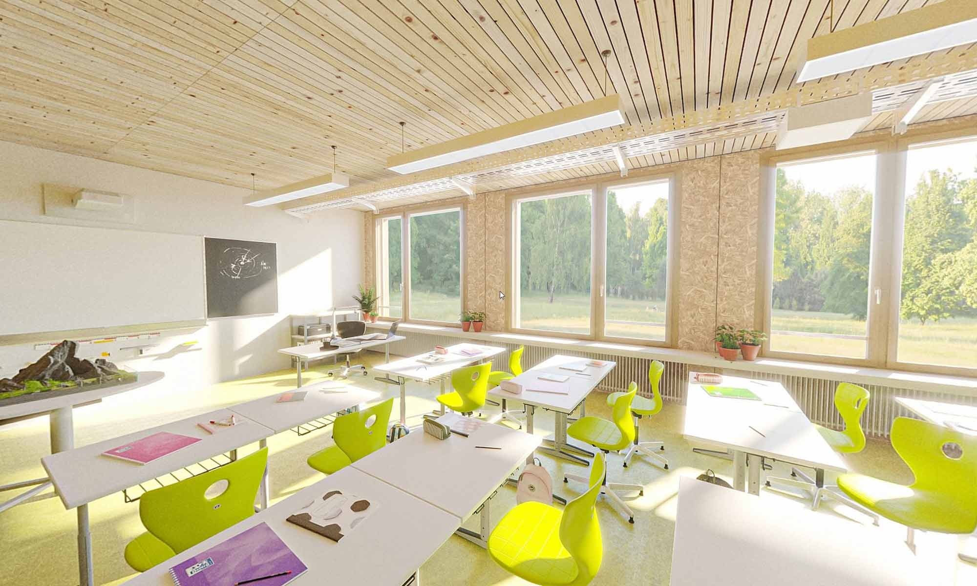 Klassenzimmer einer modularen Schule in Holzbauweise