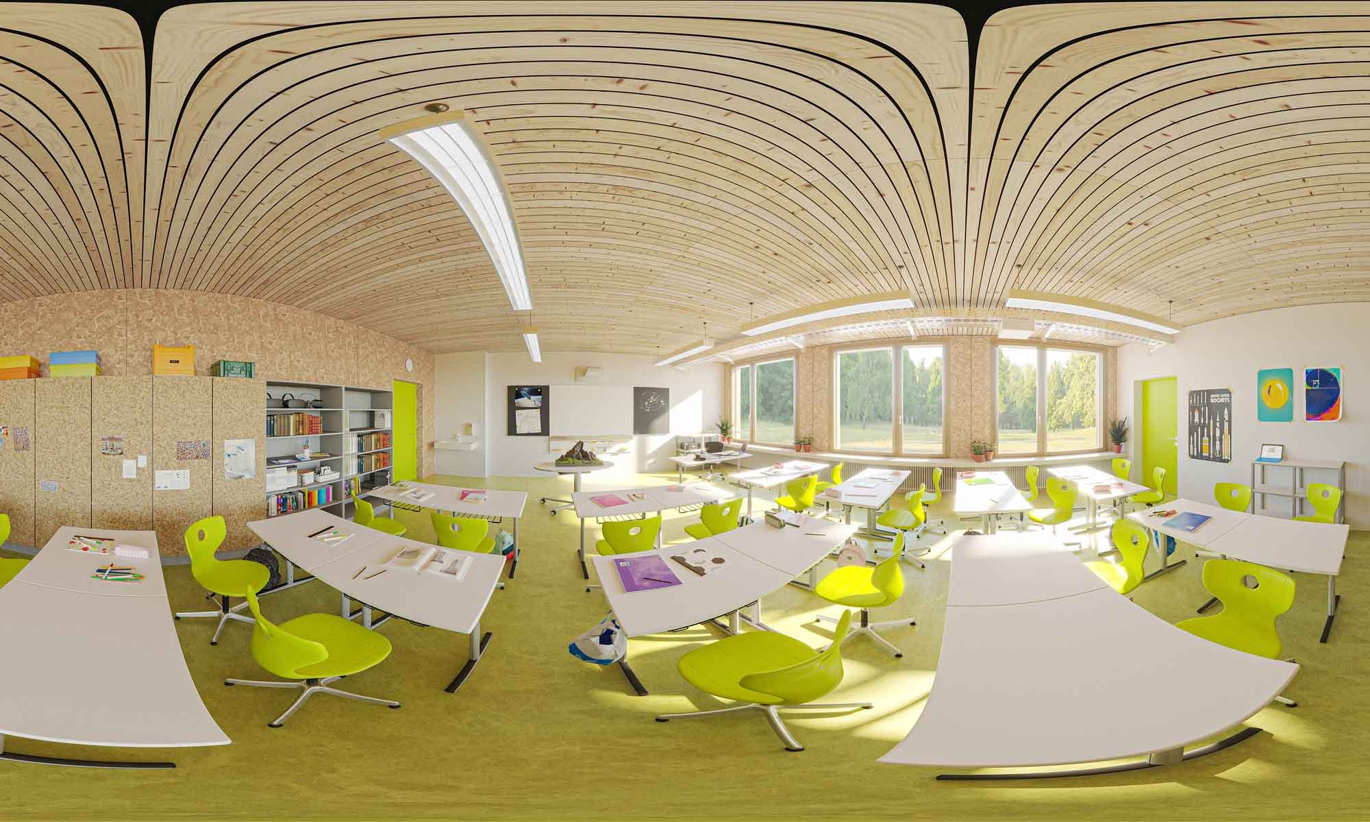 3D Visualisierung verschafft einen virtuellen Einblick in die Schule aus Holz