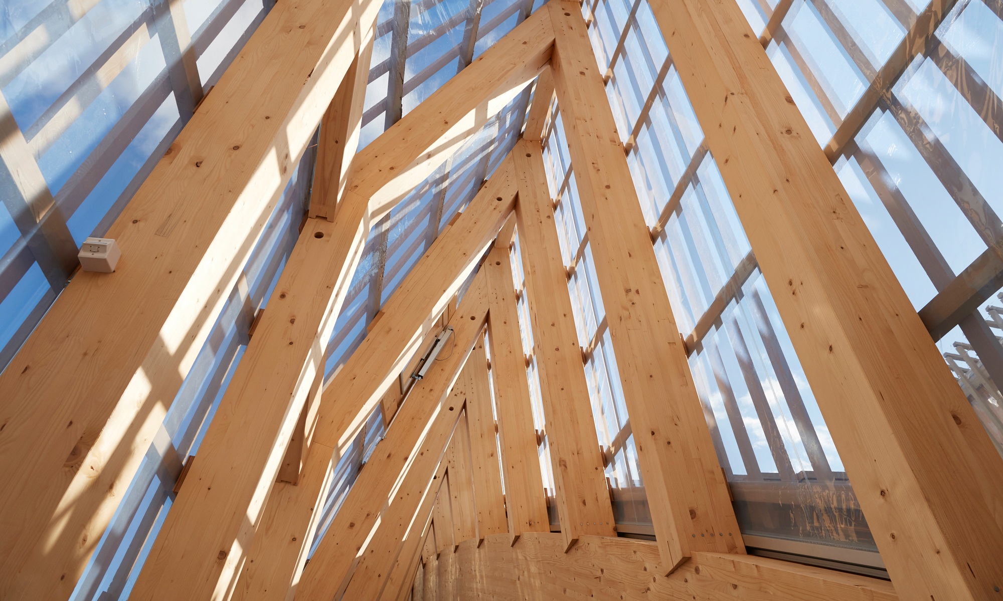Detailaufnahme der Dachstruktur aus Holzbalken, welche mit Glasscheiben überzogen sind und dadurch viel Licht in das Gebäude bringen