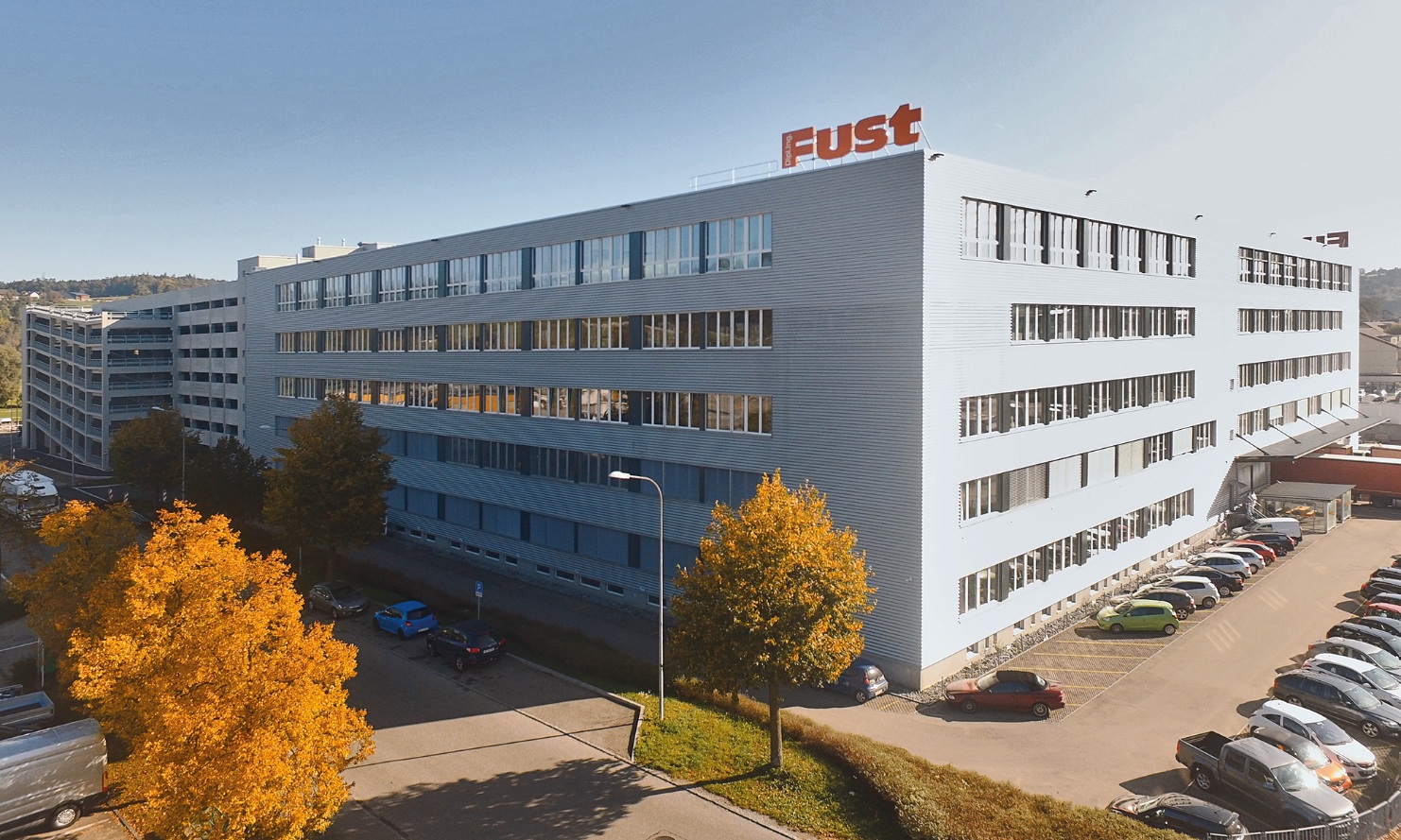 Overall view of the converted Fust logistics centre with new additional storey in wood element construction