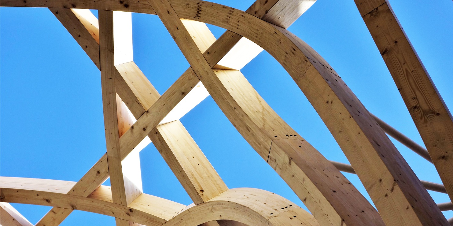 Curved timber beams against a blue sky