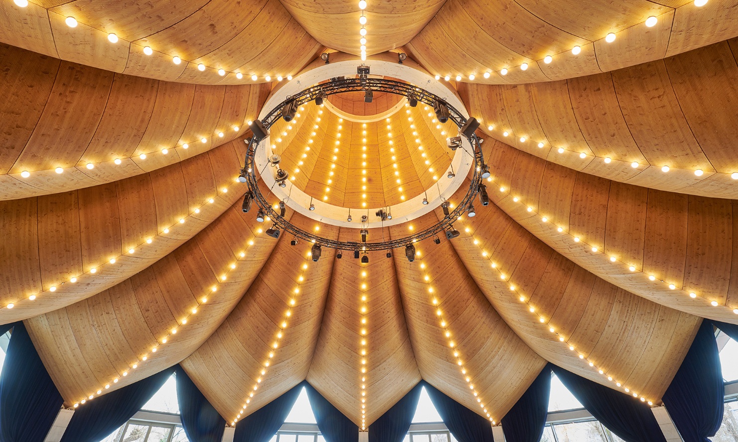 Underside of the curved, Free Form timber roof inside the magician’s hat