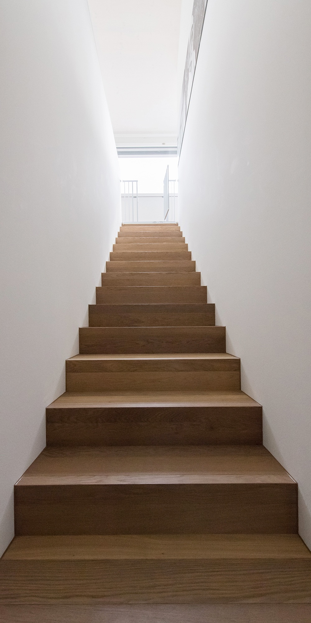 The photograph shows a long staircase in the interior of the single-family house with lake views
