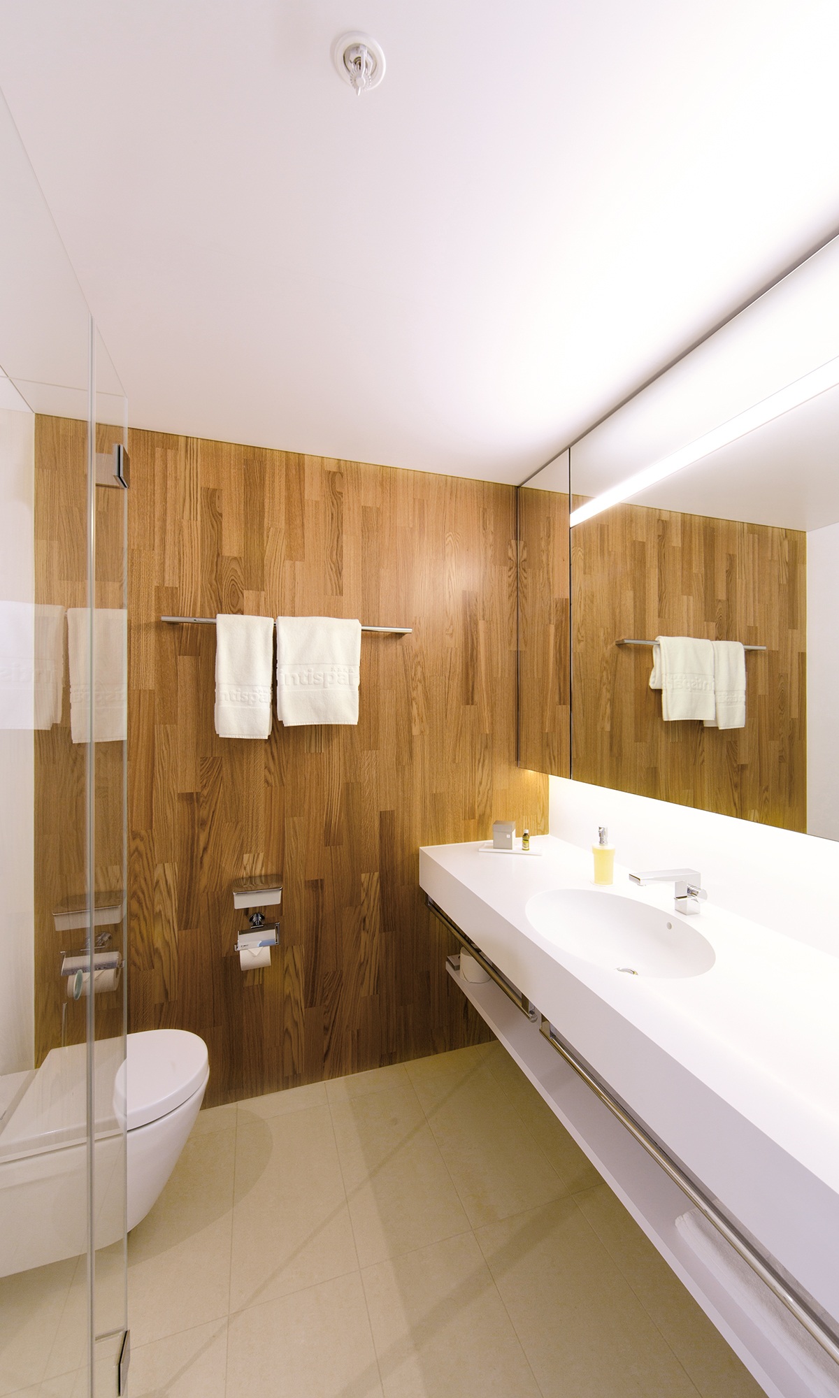 Salle de bain d’une chambre de l’hôtel Säntispark avec un mur en bois, une douche vitrée et un équipement lumineux