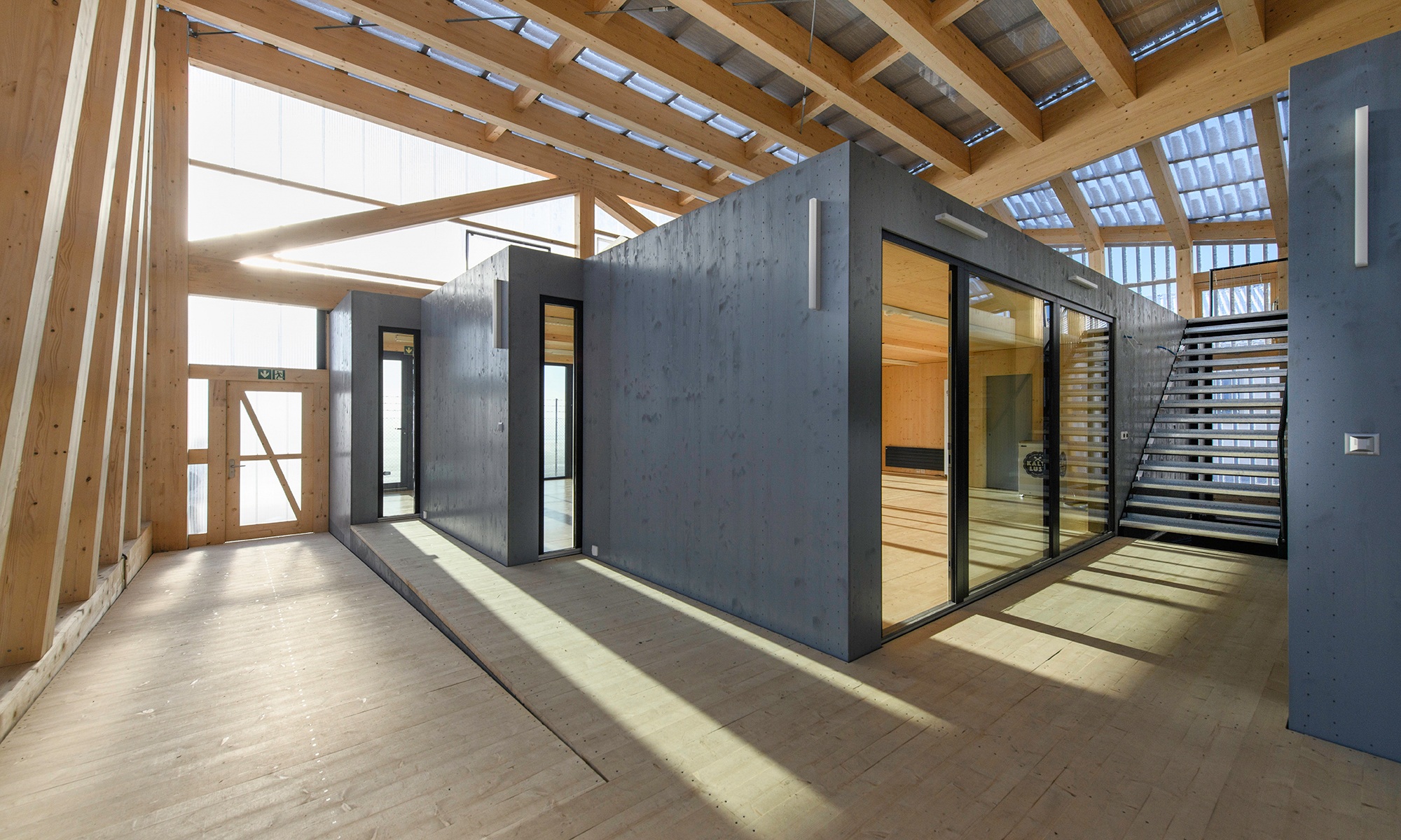 Room-sized timber modules define spatial units in a timber hall.