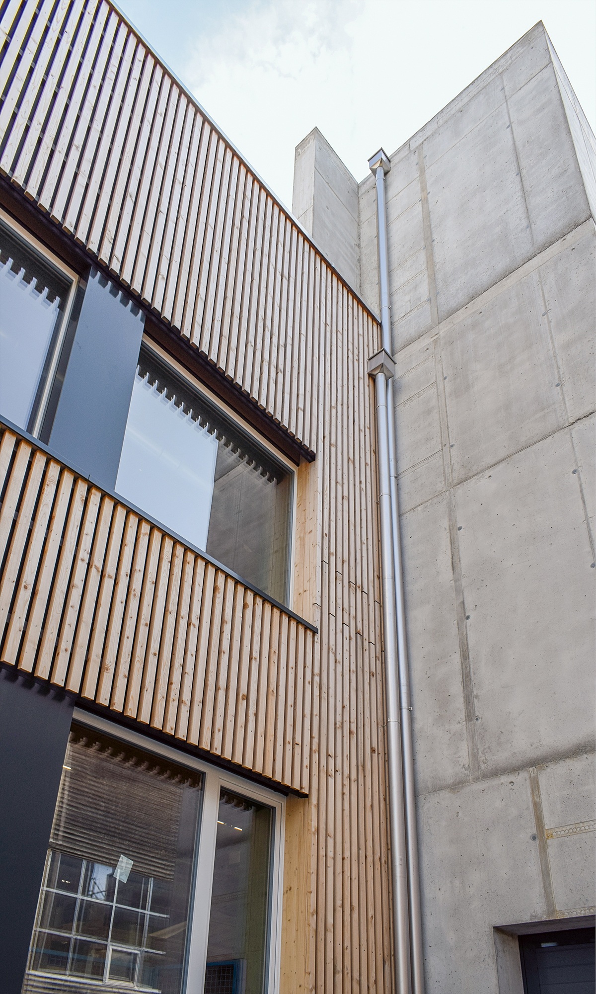 Ansicht der Hallenfassade in Hybridbauweise; vertikale Holzlatten grenzen Beton in der Fassade.