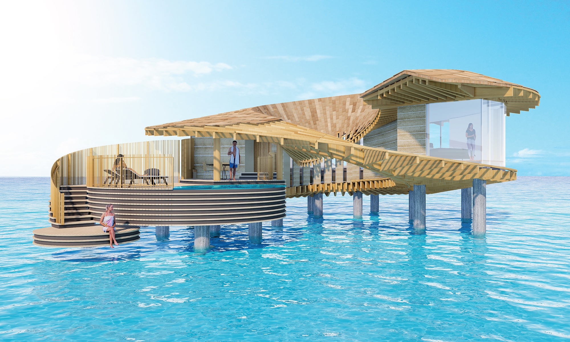 Villa corail dans le complexe hôtelier de l’Ummahat Al Shayk Island Resort en mer Rouge, conçu par l’architecte japonais Kengo Kuma.
