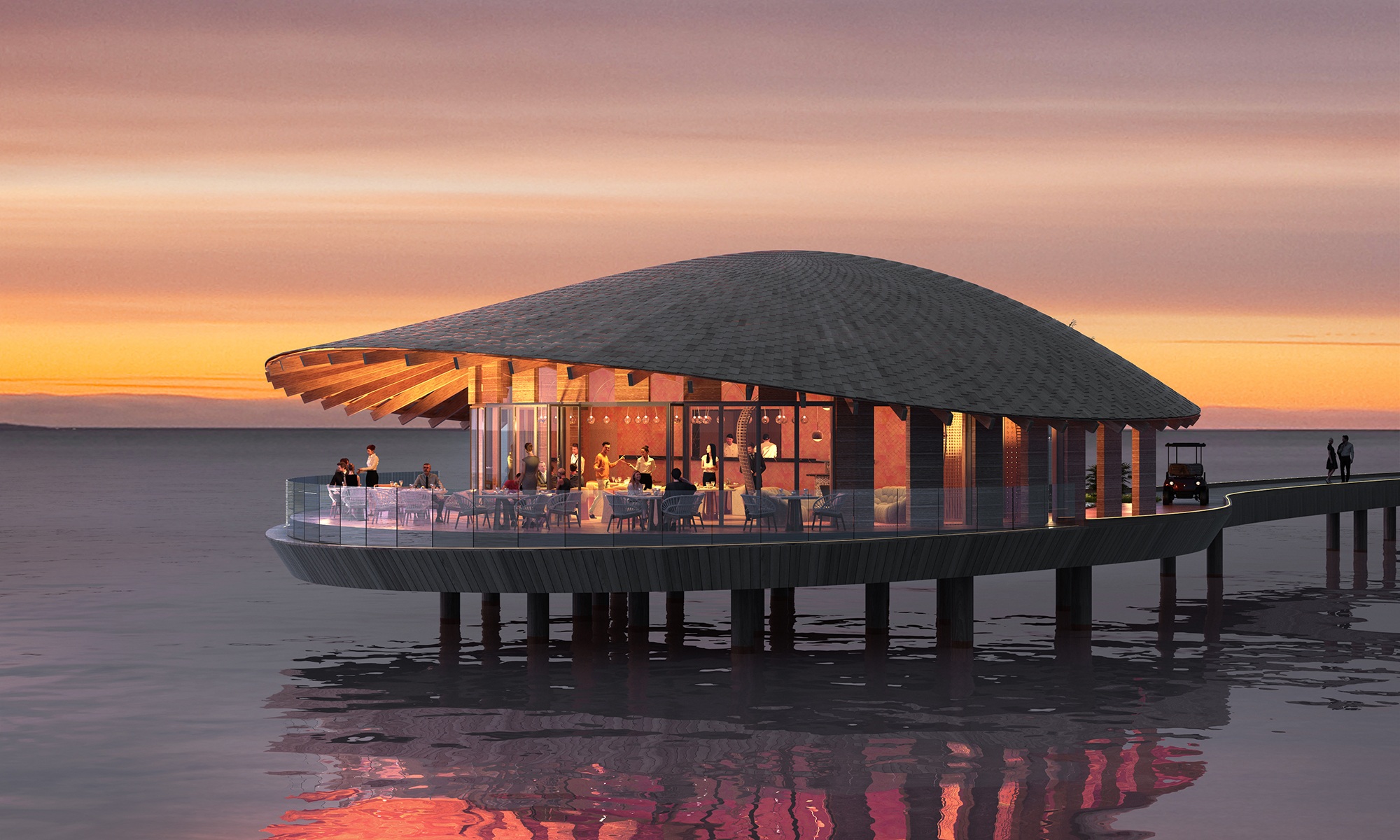 Restaurant du complexe hôtelier de l’Ummahat Al Shayk Island Resort en mer Rouge, conçu par l’architecte japonais Kengo Kuma