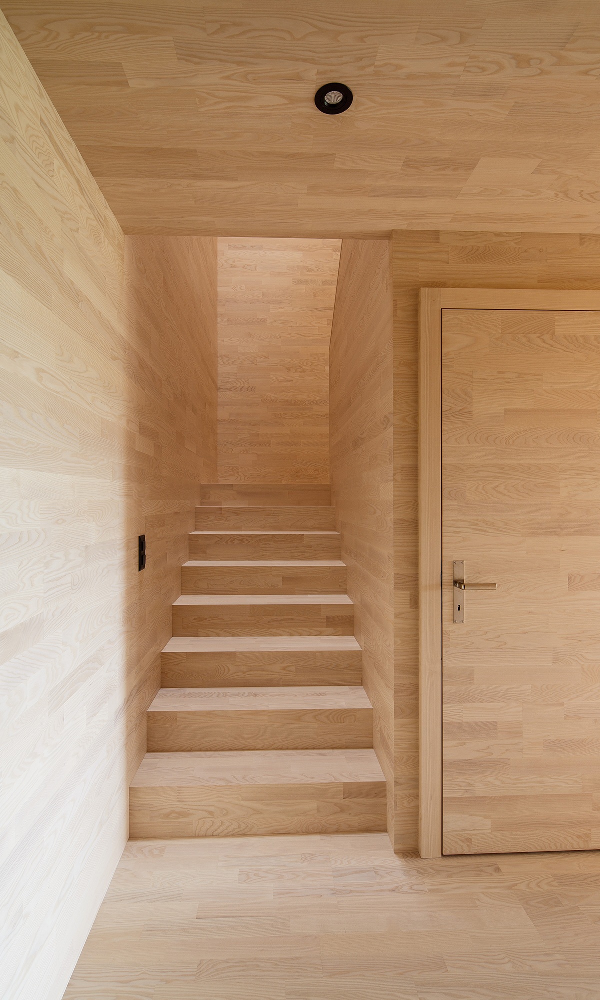 Staircase clad entirely in wood in the Vögelinsegg multi-storey timber construction