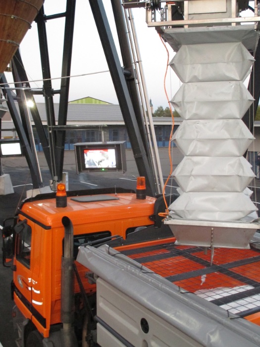 Salt loading process directly from the truck cab by means of transponder and feed via foldable windsock