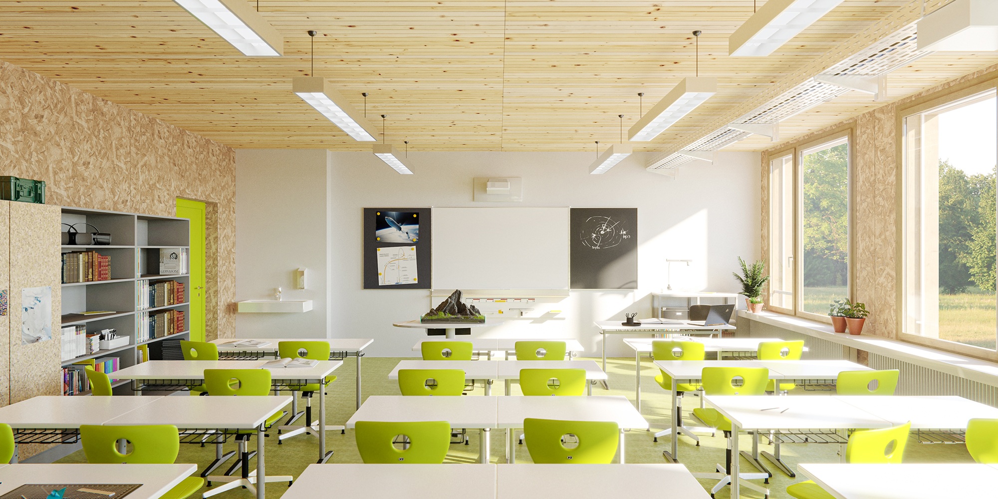 möbliertes Klassenzimmer und Inneneinrichtung der Schule in Holzmodulbauweise
