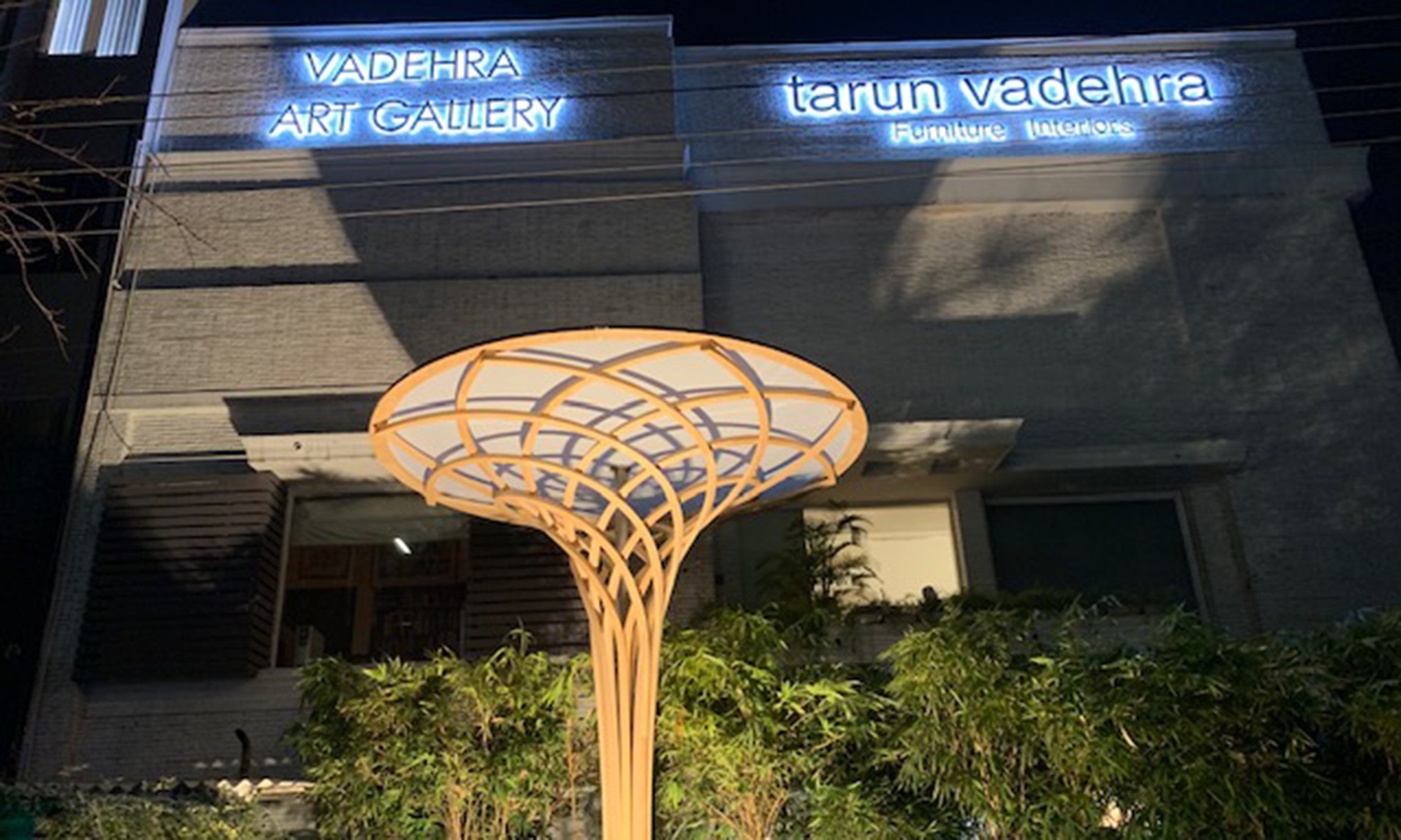 A free-formed wooden sculpture in the shape of a flower stands outside the Vadehra Art Gallery in Delhi. It is night and the free-form tree is illuminated.