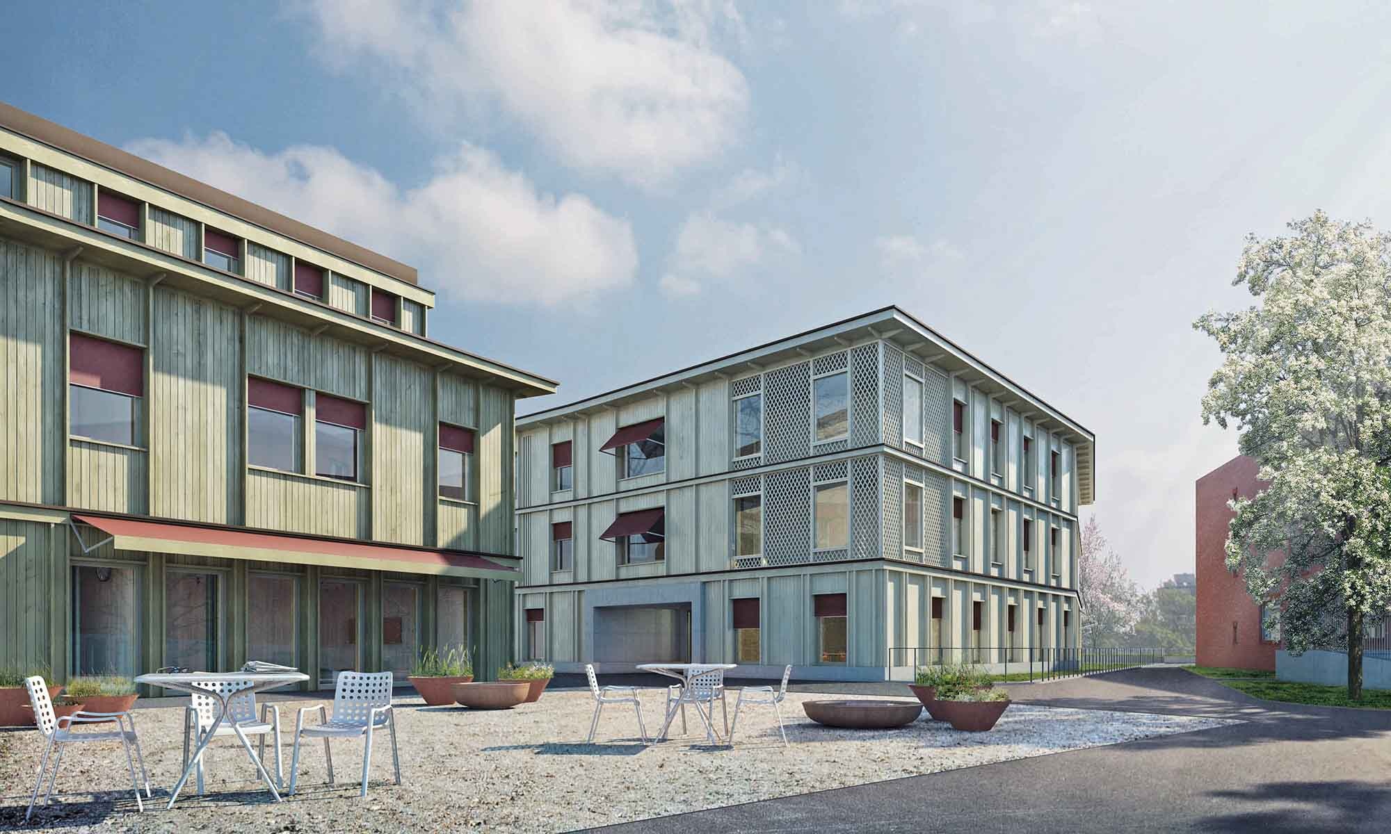 Vue d’ensemble des deux bâtiments avec l’école et la zone résidentielle de la Fondation Tanne pour les personnes sourdes et aveugles; visualisation