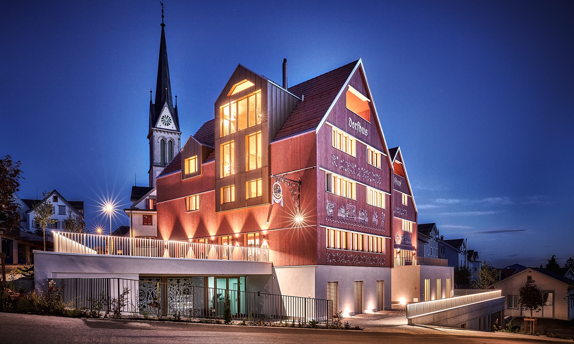 Brightly lit Hotel-Restaurant Dorfhus Gupf in Appenzell style
