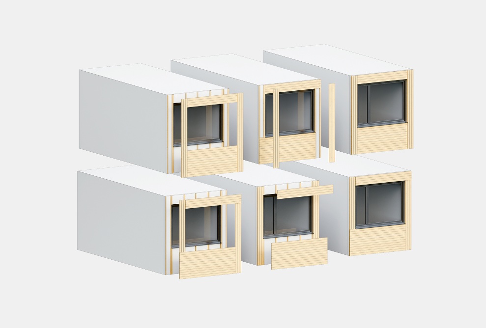 Facade elements arranged differently and with a customisable choice of materials
