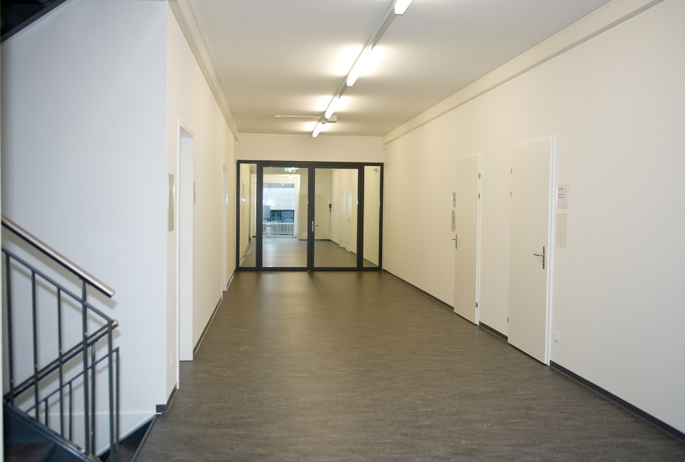 Interior view of the temporary building with corridor.