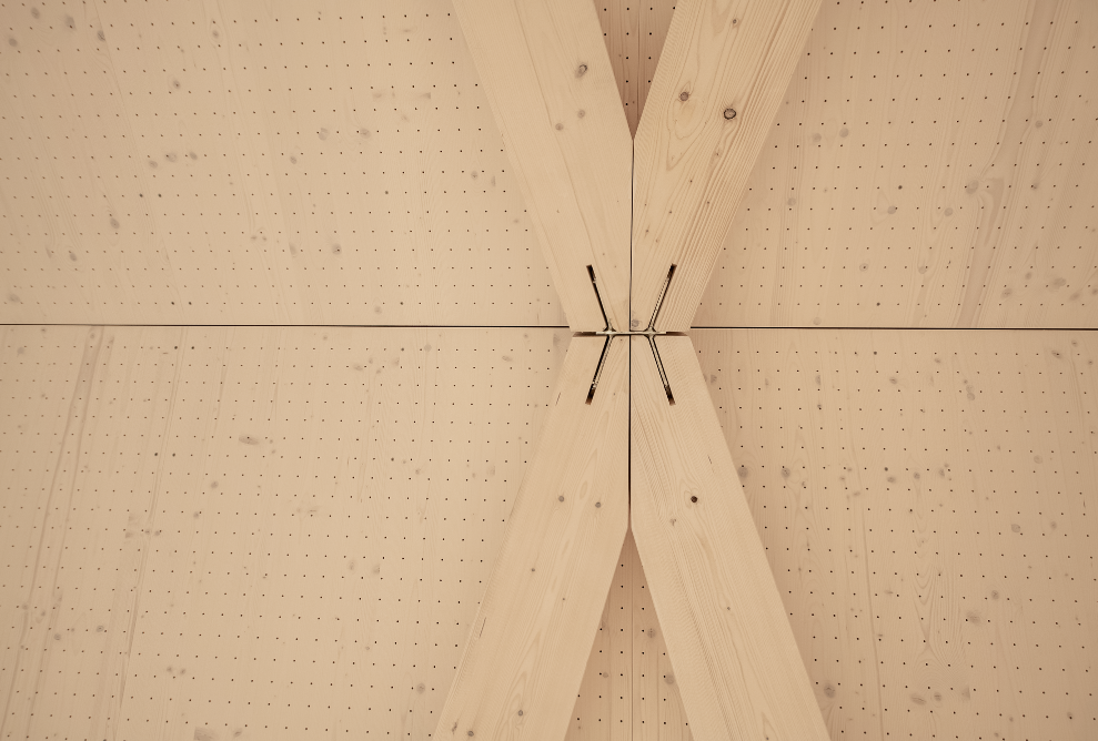 Timber wall and ceiling with wooden beams close up 
