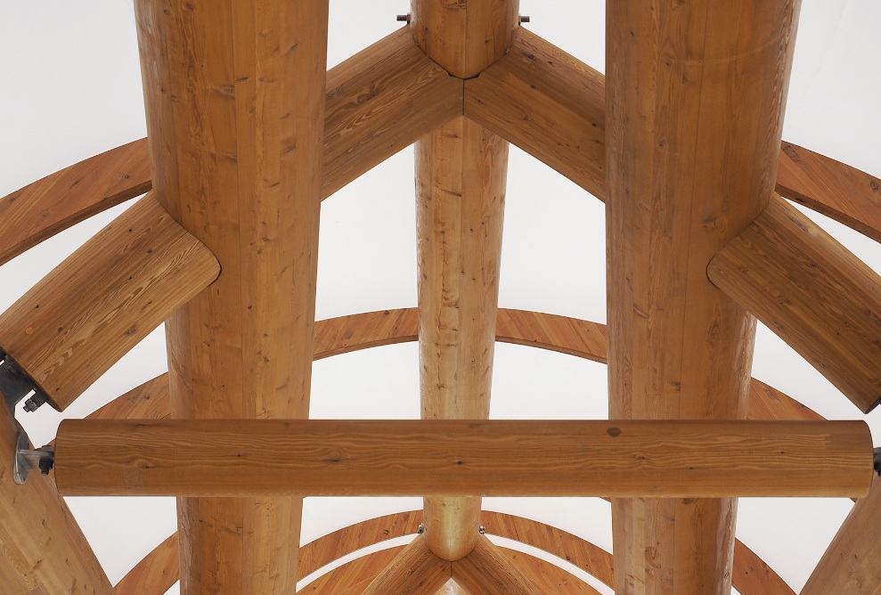 Detailed view of the roof structure of the Aubrugg timber art bridge