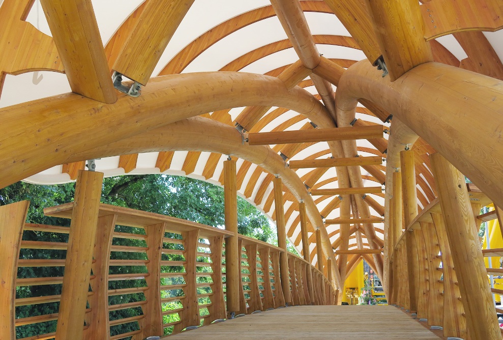 The Aubrugg timber art bridge viewed from the inside. View of curved solid wooden structures and high wooden railings.