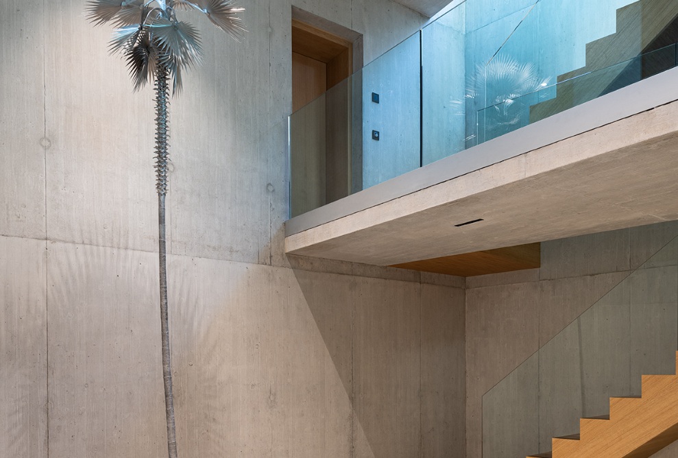 High-ceilinged space with lots of concrete and glass, a wooden staircase and palm tree artwork.