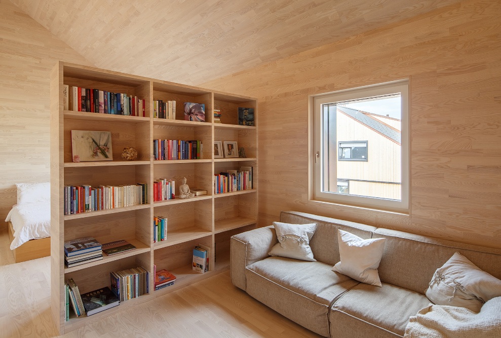 View of the living space in an apartment with interior finishing entirely in wood as well as a sofa and bookcase.
